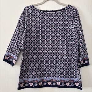 Talbots Plus Cotton Spandex Boat Neck Primrose Border 3/4 Sleeve Shirt Size 1X